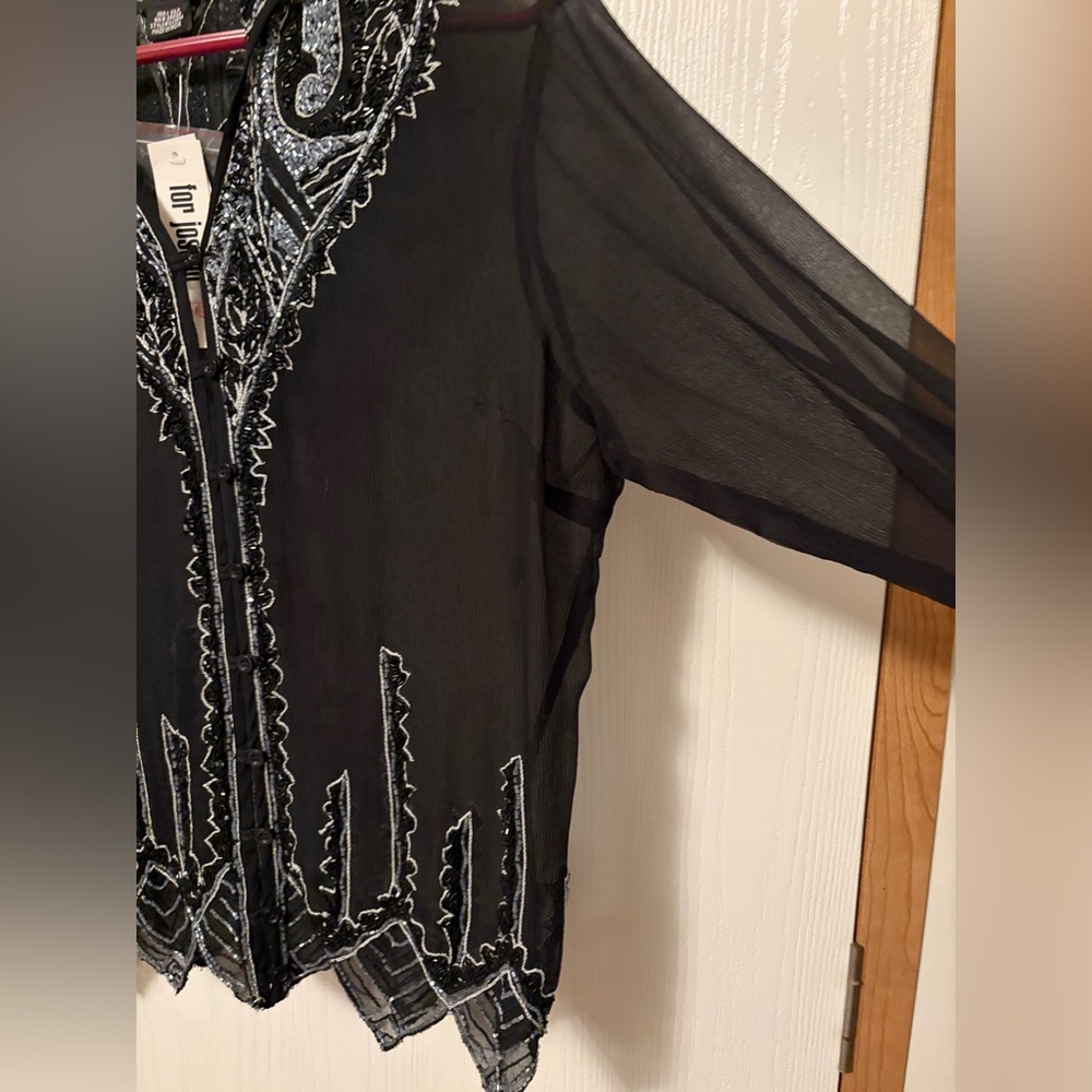 NWT For Joseph 100% Silk Black Sheer Hand-beaded Blouse Scalloped Hem Large - Picture 11 of 16